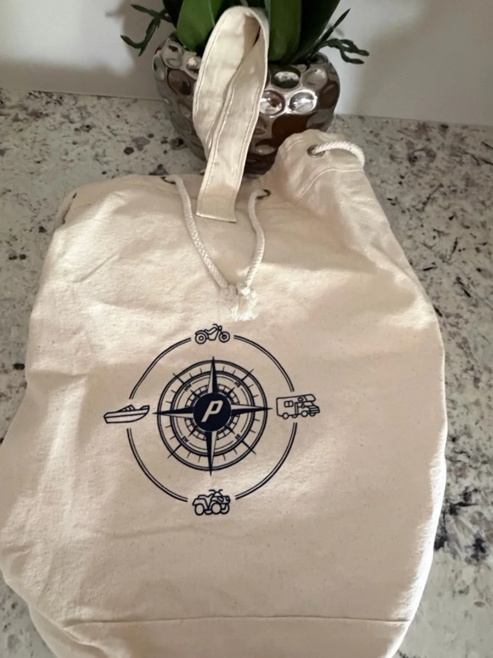 NWOT Canvas Drawstring Utility Travel Bag Compass Graphic Boat RV ATV Motorcycle